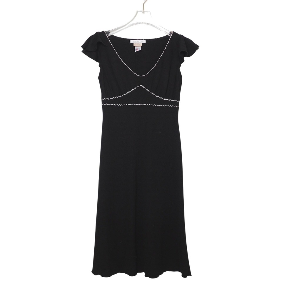 La Belle Vintage Black Ric-Rac Trim Midi Dress Flutter Sleeve V-Neck Small USA